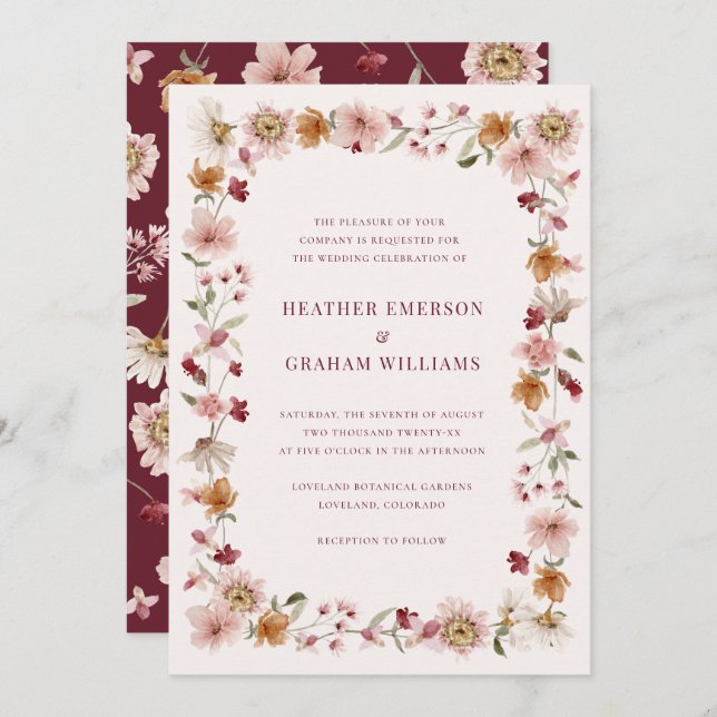 Burgundy Wildflower Wedding Invitation (Front/Back)
