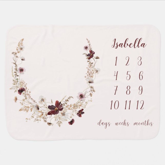 Burgundy Wildflower Wreath Milestone  Baby Blanket (Horizontal)