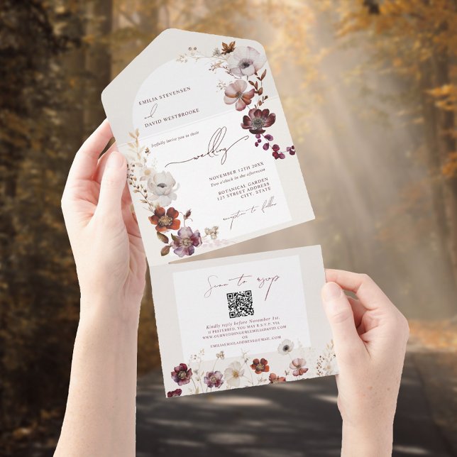 Burgundy Wildflowers Arch QR Code Wedding RSVP All In One Invitation (Creator Uploaded)