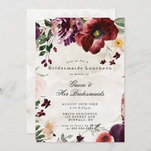 Burgundy Wildflowers Bridesmaids Luncheon Invite