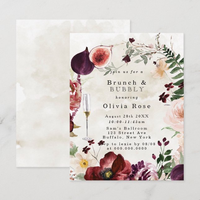 Burgundy Wildflowers Brunch & Bubbly Invite (Front/Back)