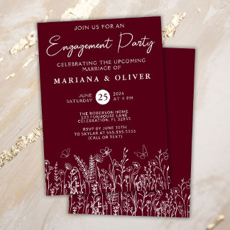 Burgundy Wildflowers Engagement Party Invitation