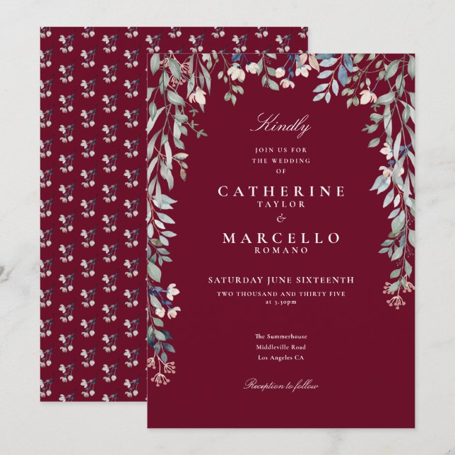 Burgundy Wildflowers Floral Greenery Wedding Invitation (Front/Back)