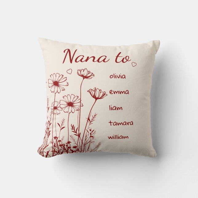 Burgundy Wildflowers Grandchildrens Names Nana Throw Pillow (Front)