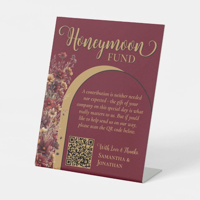 Burgundy Wildflowers Honeymoon Fund QR Code Pedestal Sign (Front)
