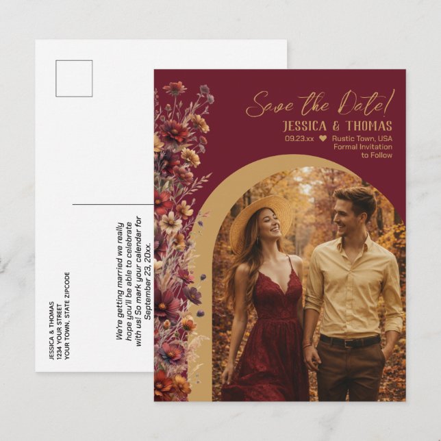 Burgundy Wildflowers Photo Wedding Save the Date Announcement Postcard (Front/Back)
