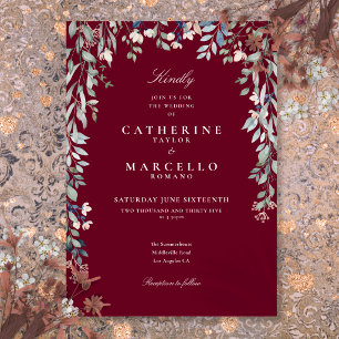 Burgundy Wildflowers Watercolor Floral Wedding Invitation