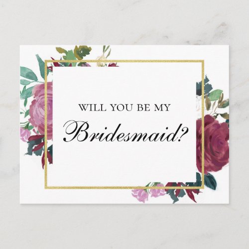 Burgundy Will you be my bridesmaid Maroon flowers Invitation Postcard