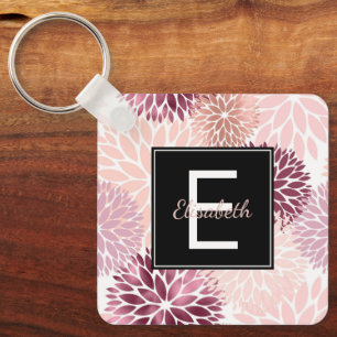Burgundy Wine and Pink Watercolor Floral Monogram Keychain