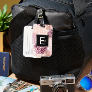 Burgundy Wine and Pink Watercolor Floral Monogram Luggage Tag