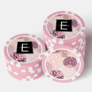 Burgundy Wine and Pink Watercolor Floral Monogram Poker Chips