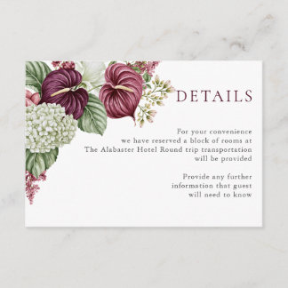 Burgundy Wine Anthurium and Hydrangea Wedding Enclosure Card