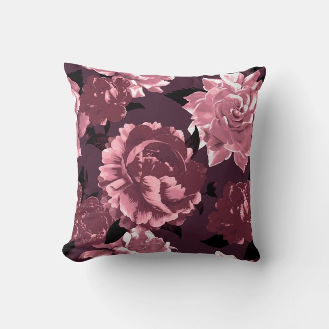 Burgundy Wine & Blush Floral Pattern Throw Pillow (Front)