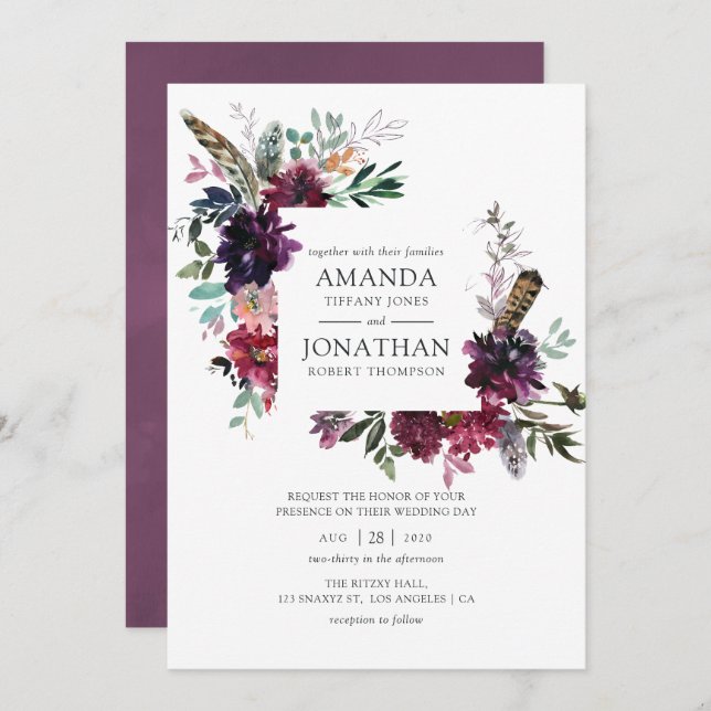 Burgundy Wine Boho Floral Wedding Invitation (Front/Back)