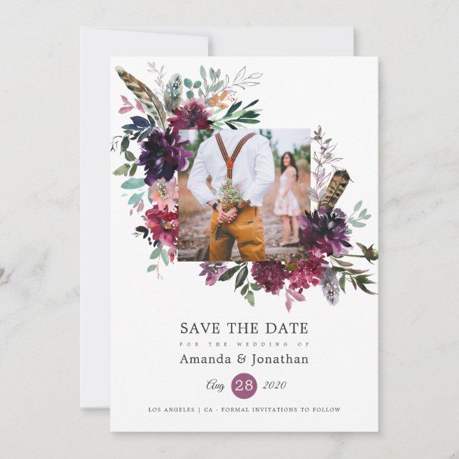 Burgundy Wine Boho Floral Wedding Photo Save The Date (Front)