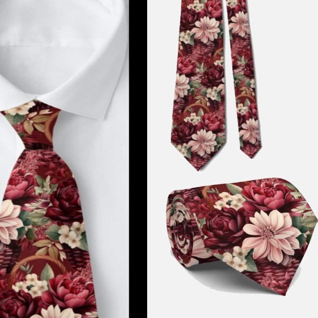 Burgundy Wine Boho Watercolor Flowers Neck Tie (Creator Uploaded)