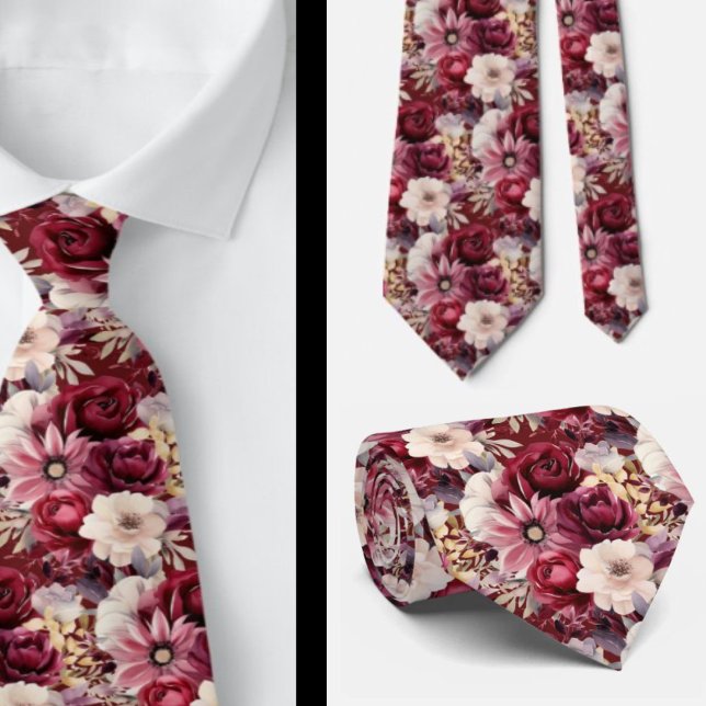 Burgundy Wine Boho Watercolor Flowers Neck Tie (Creator Uploaded)