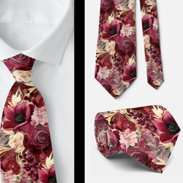 Burgundy Wine Boho Watercolor Flowers Neck Tie (Creator Uploaded)