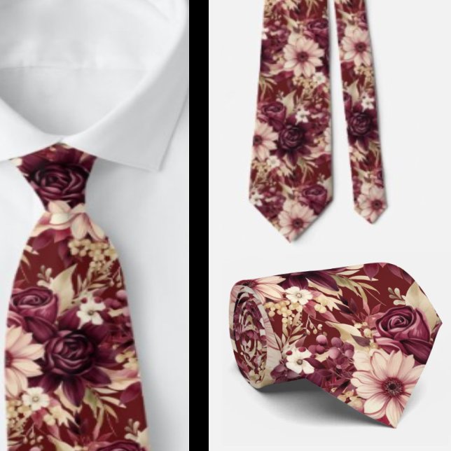 Burgundy Wine Boho Watercolor Flowers Neck Tie (Creator Uploaded)