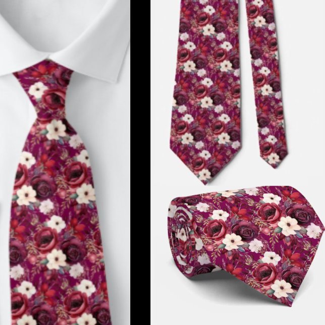 Burgundy Wine Boho Watercolor Flowers Neck Tie (Creator Uploaded)