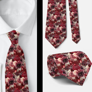 Burgundy Wine Boho Watercolor Flowers Neck Tie