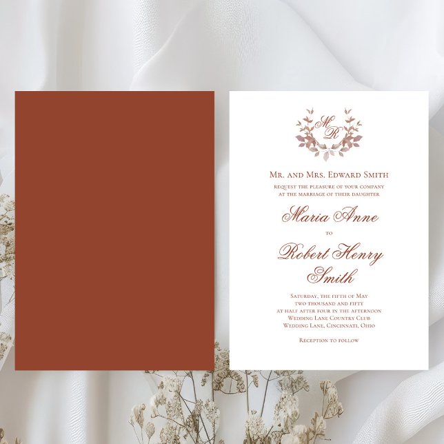 Burgundy Wine Calligraphy Script Monogram Wedding Invitation (Elegant burgundy rust wedding invitations. )