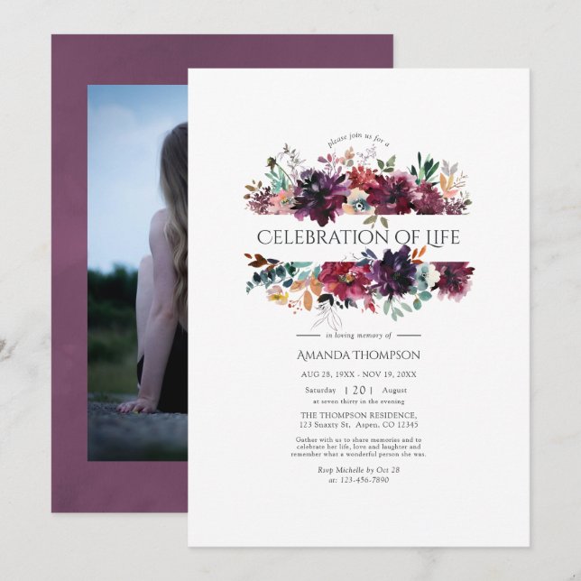 Burgundy Wine Color Floral Celebration of Life Invitation (Front/Back)