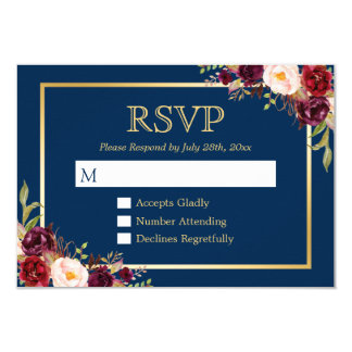 Burgundy Wine Color Floral Gold Navy Blue RSVP Card