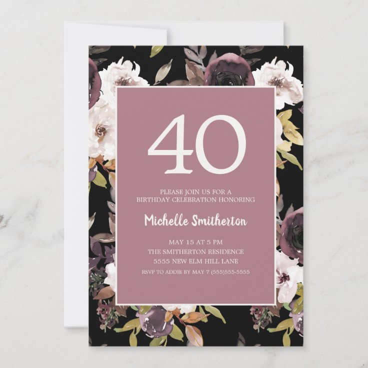 Burgundy Wine Cream Floral 40th Birthday Invitation | Zazzle