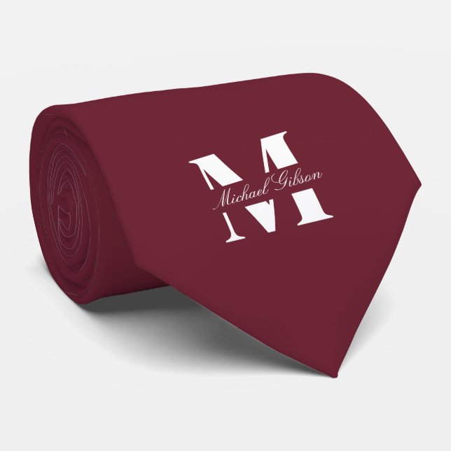 Burgundy Wine | Custom Monogram Wedding Groomsmen  Neck Tie (Rolled)