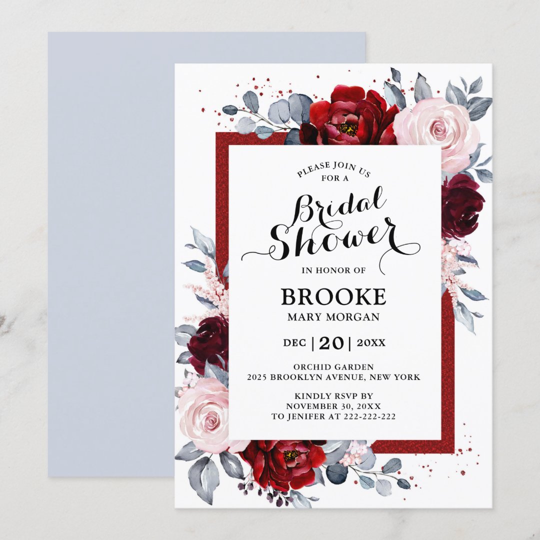 Burgundy Wine Dusty Blue Slate Bridal Shower Invitation Zazzle