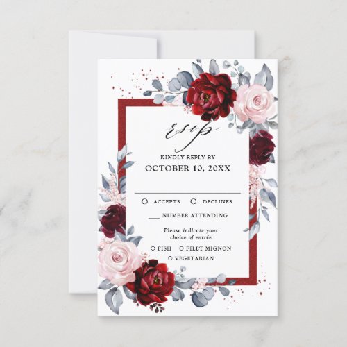 Burgundy Wine Dusty Blue Slate Floral Wedding RSVP Card