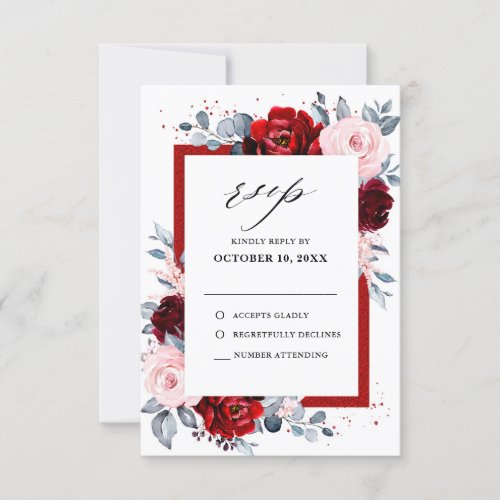 Burgundy Wine Dusty Blue Slate Floral Wedding RSVP Card