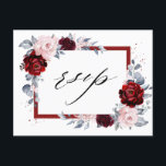 Burgundy Wine Dusty Blue Slate Floral Wedding RSVP Postcard<br><div class="desc">Burgundy dusty pink slate themed floral wedding RSVP postcard featuring elegant bouquet of burgundy, wine, dusty blue, blush , roses and peony flower buds and dusty green eucalyptus leaves and red faux glitter geometric neutral frame. Please contact me for any help in customization or if you need any other product...</div>
