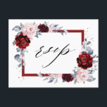 Burgundy Wine Dusty Blue Slate Floral Wedding RSVP Postcard<br><div class="desc">Burgundy dusty pink slate themed floral wedding RSVP postcard featuring elegant bouquet of burgundy, wine, dusty blue, blush , roses and peony flower buds and dusty green eucalyptus leaves and red faux glitter geometric neutral frame. Please contact me for any help in customization or if you need any other product...</div>