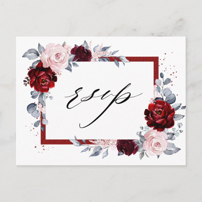 Burgundy Wine Dusty Blue Slate Floral Wedding RSVP Postcard (Front)