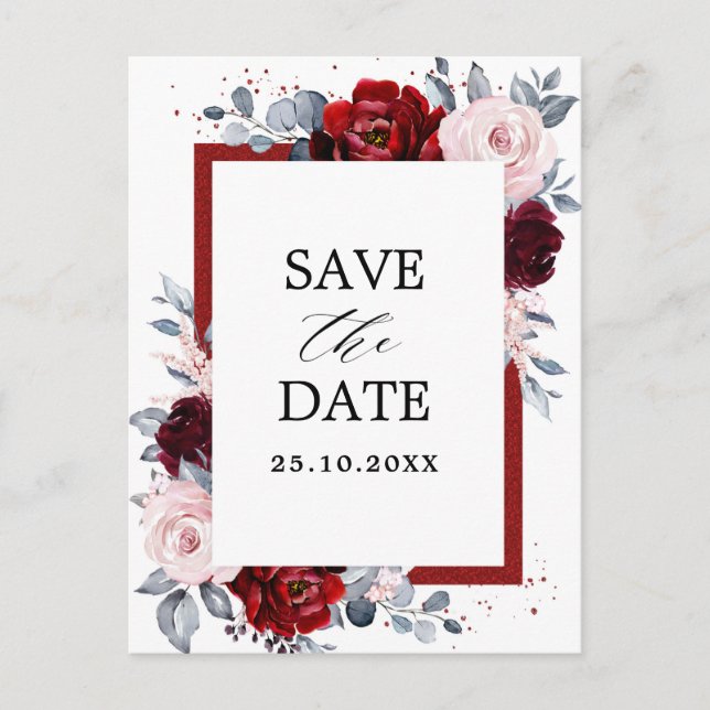 Burgundy Wine Dusty Blue Slate Save the Date Postcard (Front)
