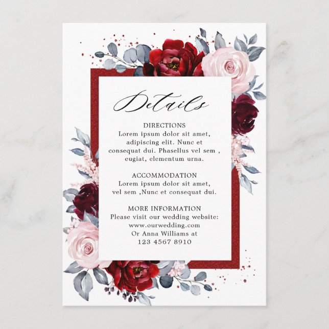 Burgundy Wine Dusty Blue Slate Wedding Details Enclosure Card (Front)
