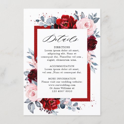 Burgundy Wine Dusty Blue Slate Wedding Details Enclosure Card