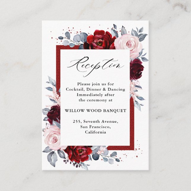 Burgundy Wine Dusty Blue Slate Wedding Reception Enclosure Card (Front)