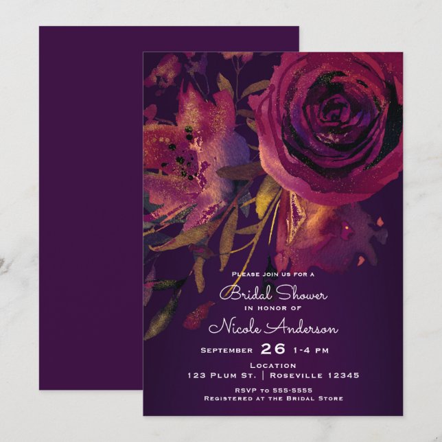 Burgundy Wine Floral Rose Purple Bridal Shower Invitation (Front/Back)