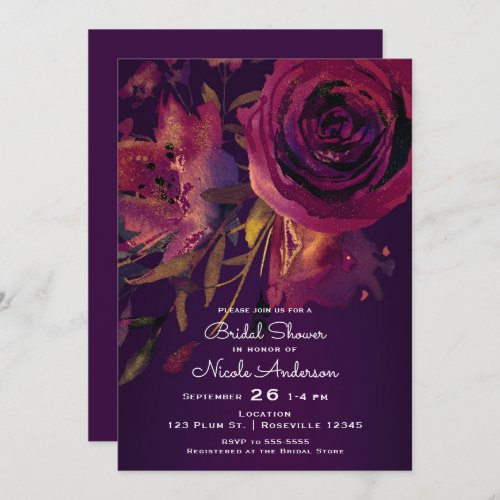 Burgundy Wine Floral Rose Purple Bridal Shower Invitation