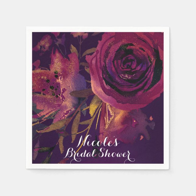 Burgundy Wine Floral Rose Purple Bridal Shower Paper Napkins (Front)