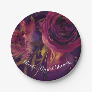 Burgundy Wine Floral Rose Purple Bridal Shower Paper Plates