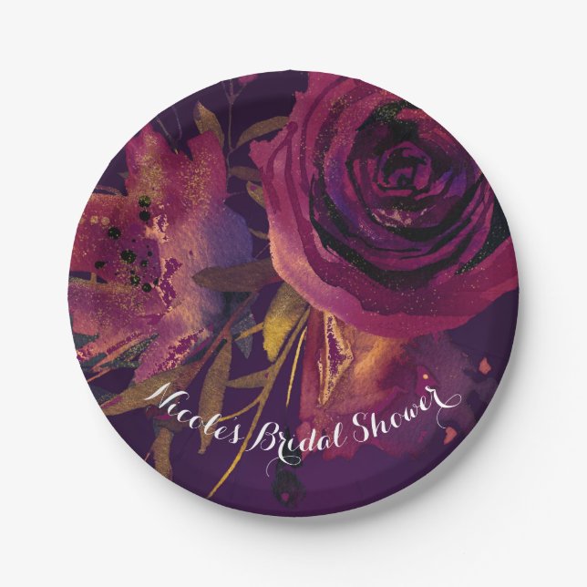 Burgundy Wine Floral Rose Purple Bridal Shower Paper Plates (Front)