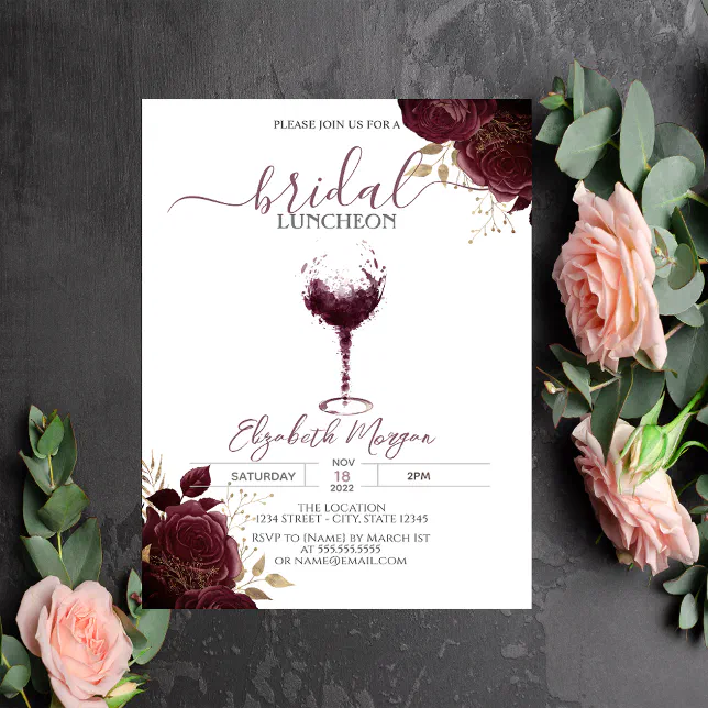 Burgundy Wine Glass Burgundy Roses Bridal Luncheon Invitation Zazzle