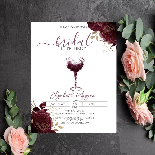 Burgundy Wine Glass Burgundy Roses Bridal Luncheon Invitation