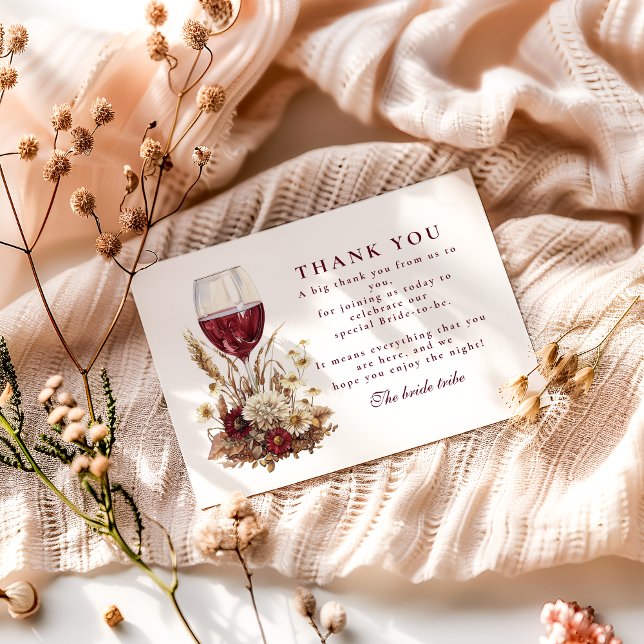 Burgundy Wine Glass Floral Bridal Shower Thank You Card (Creator Uploaded)