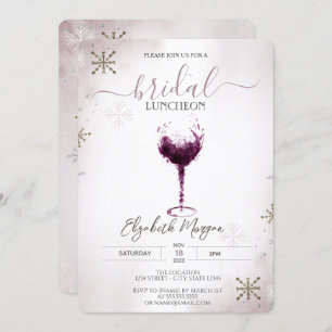 Burgundy Wine Glass Snowflakes Bridal Luncheon Invitation