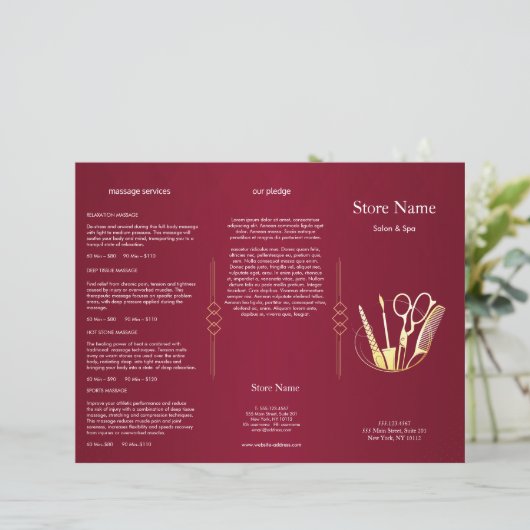 Burgundy Wine & Gold Beauty Salon Trifold Bruchure (Standing Front)